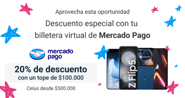 Descuento especial con tu billetera virtual de Mercado Pago. 20 porciento de descuento con un tope de cien mil pesos en celus desde quinientos mil pesos B2B<img src="https://tienda.movistarempresas.com.ar/media/wysiwyg/home/b2b/DDM-nubia-m.jpg" alt="" />.
 