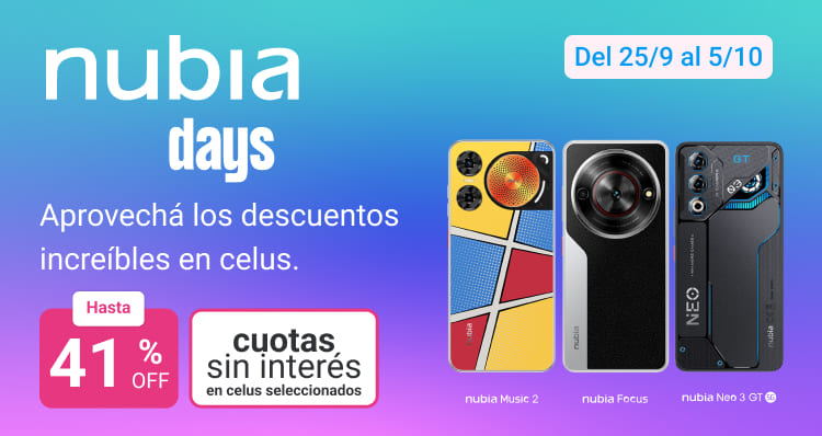 Llego nubia days, llevate un celu nubia en hasta 40% de descuento y hasta 6 cuotas sin interés.B2B