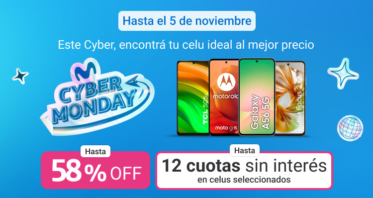 Aprovechá cyber monday y llevate un celu nuevo con hasta 58% de descuento y hasta 12 cuotas sin interés con tarjetas seleccionadas.