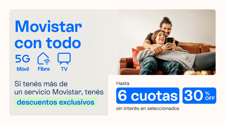 Paga menos por tu celu. Si ten&eacute;s m&aacute;s de un servicio Movistar, ten&eacute;s descuentos exclusivos. hasta 30% de descuento y hasta 6 cuotas sin inter&eacute;s.
