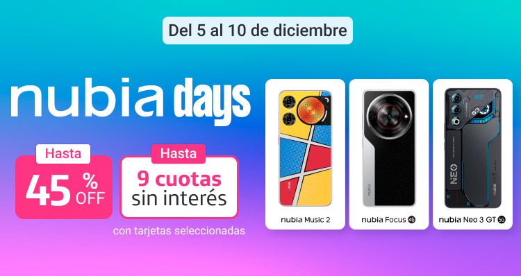 Nubia days: Aprovechá los descuentos increíbles en celus 45 porciento de descuento y 9 cuotas sin interés, con tarjetas selccionadas.B2B