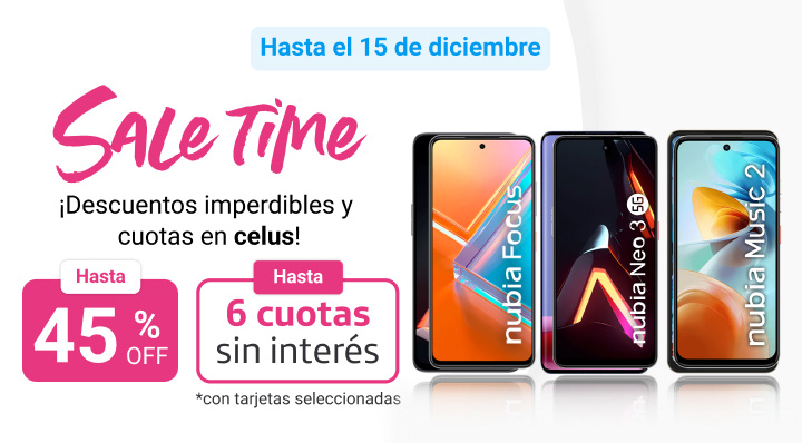 Aprovechá sale time y llevate el celu que tanto queres en hasta 45% de descuento y  hasta 6 cuotas sin interés.