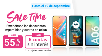 Aprovechá Sale Time para llevarte un celu nuevo en hasta 55% de descuento y hasta 6 cuotas sin interés.