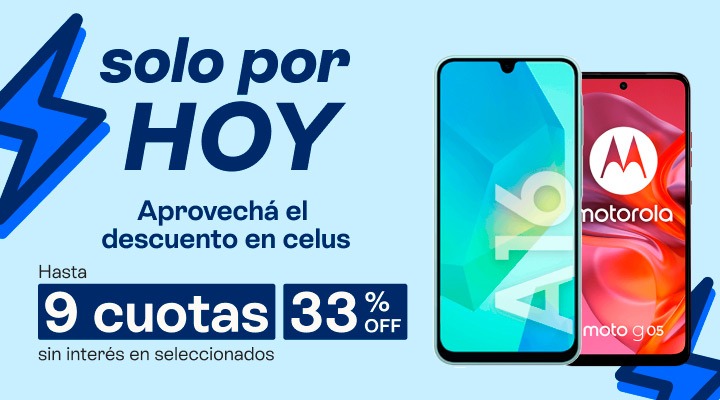 Solo por hoy, aprovecha el descuento en celus. Hasta nueve cuotas sin interes y hasta treinta y tres porciento de descuento en celus seleccionados.B2B
