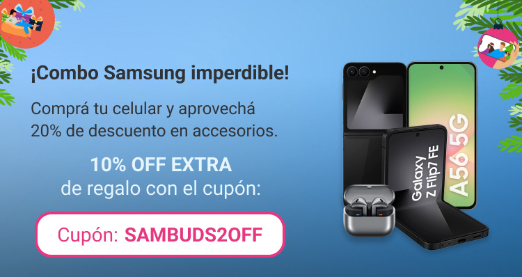 Combo Samsung imperdible! Comprá tu celular y aprovechá 20% de descuento en accesorios y 10% de descuento extra con el cup´n SAMBUD2OFF.B2B