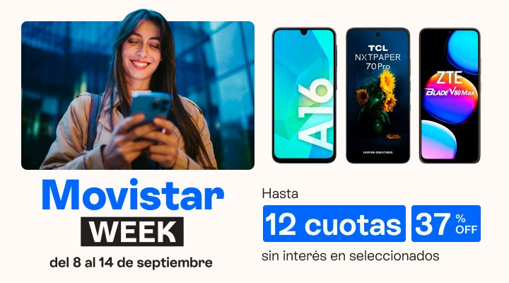 Movistar week. Lleva tu celu con hasta 37 porciento de descuento y en hasta 12 cuotas sin interés.B2B