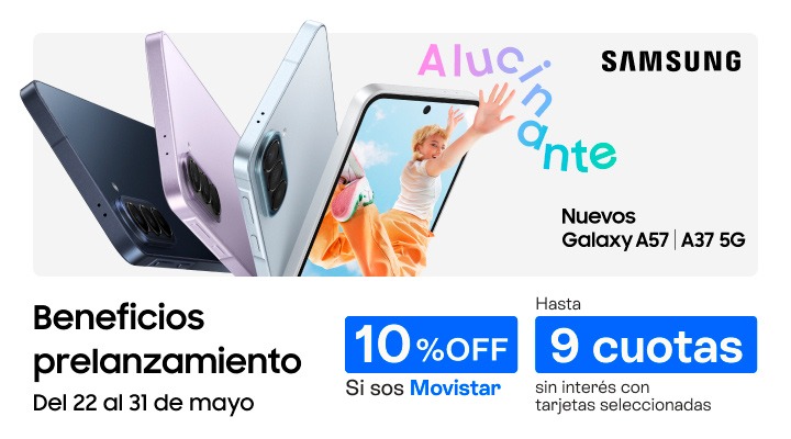 Samsung Galaxy Serie A. Beneficio prelanzamiento. hasta 9 cuotas sin inter&eacute;s y 10% de descuento si sos Movistar.B2B