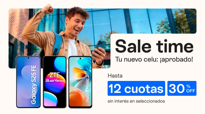 Sale time. Tu nuevo celu, &iexcl;aprobado! Hasta 30 porciento de descuento y hasta 12 cuotas sin inter&eacute;s.B2B