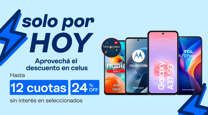Solo por hoy. Aprovech&aacute; el descuento en celus. Hasta 24 porciento de descuento. Llevalo en hasta 12 cuotas en tu factura.B2B